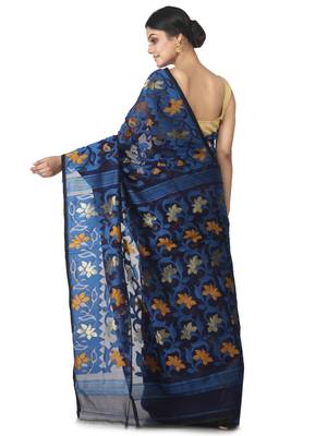Blue Hand Woven Cotton Jamdani Sarees Without Blouse 3