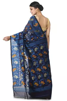 Blue Hand Woven Cotton Jamdani Sarees Without Blouse
