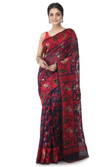 Blue Hand Woven Cotton Jamdani Sarees Without Blouse
