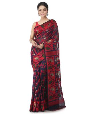 Blue Hand Woven Cotton Jamdani Sarees Without Blouse 1