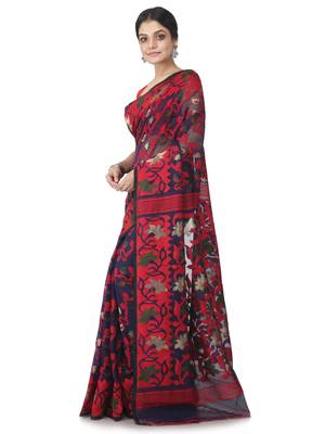 Blue Hand Woven Cotton Jamdani Sarees Without Blouse 2