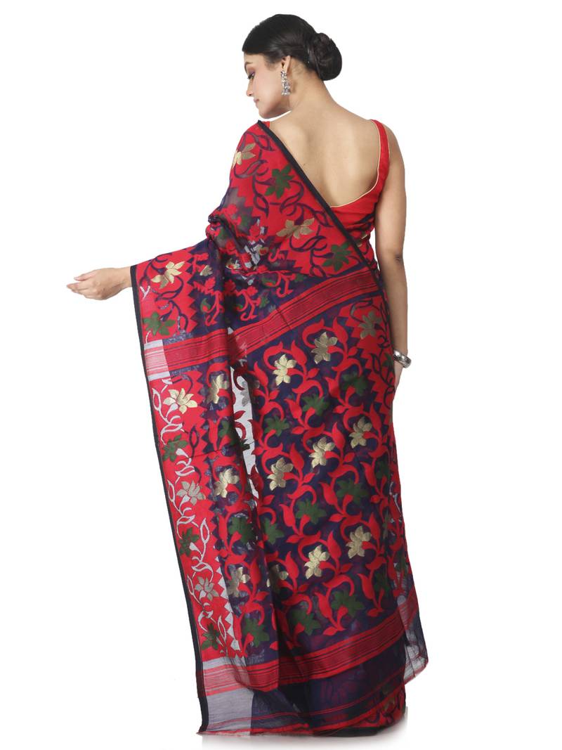 Blue Hand Woven Cotton Jamdani Sarees Without Blouse