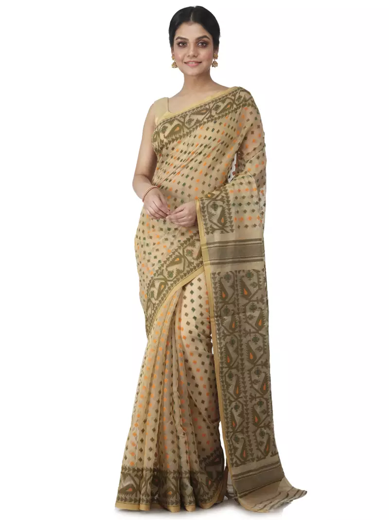 beige hand woven cotton jamdani sarees