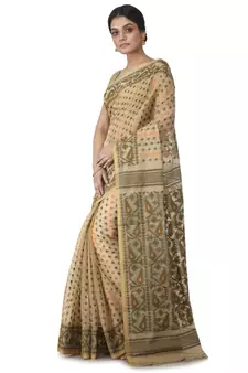 Beige Hand Woven Cotton Jamdani Sarees Without Blouse