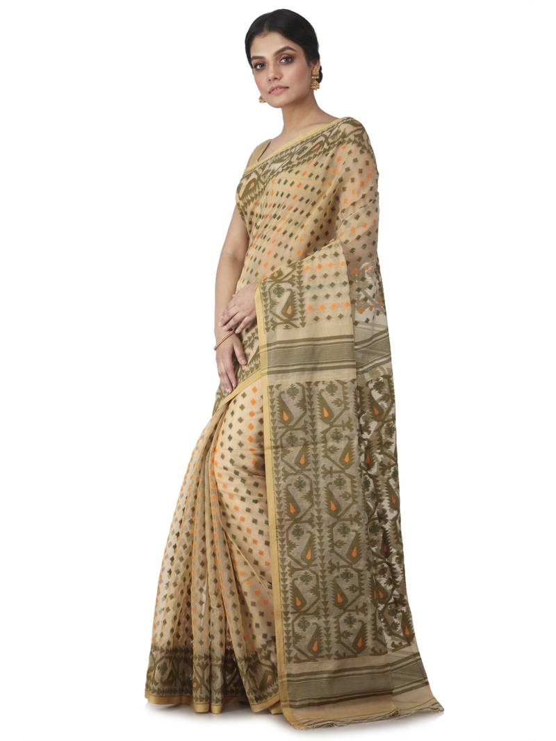 Beige Hand Woven Cotton Jamdani Sarees Without Blouse