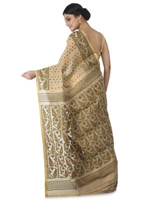 Beige Hand Woven Cotton Jamdani Sarees Without Blouse 3