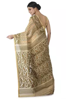 Beige Hand Woven Cotton Jamdani Sarees Without Blouse