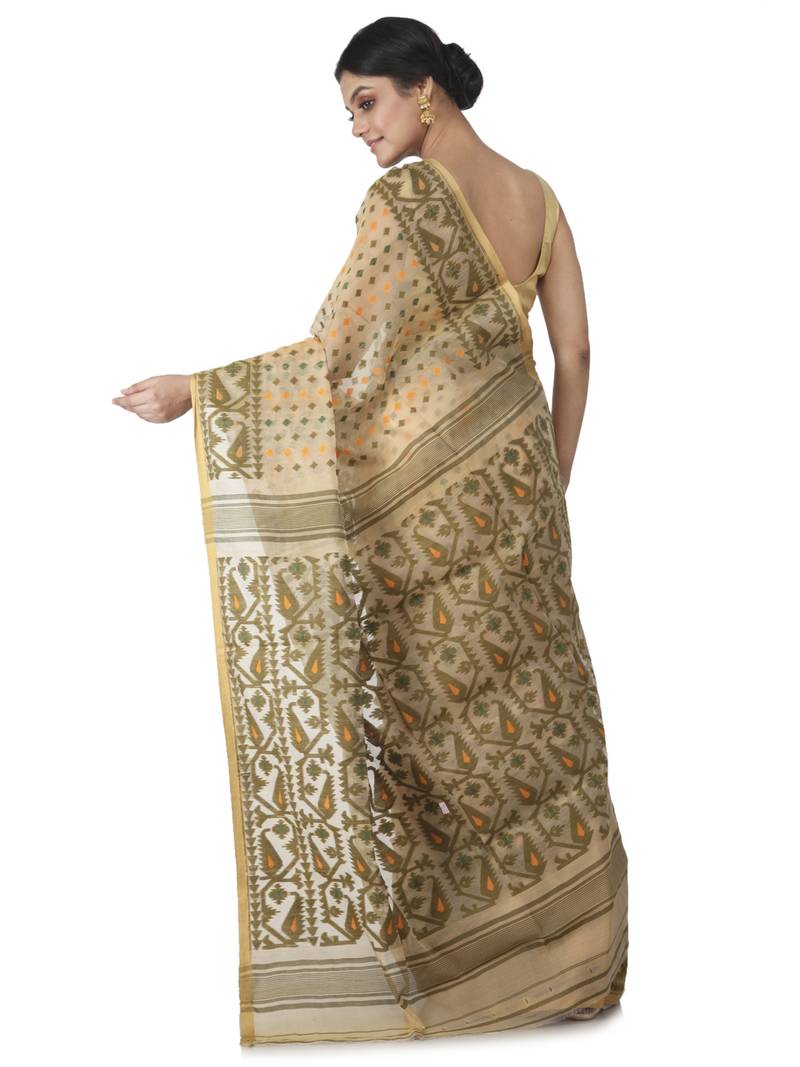 Beige Hand Woven Cotton Jamdani Sarees Without Blouse
