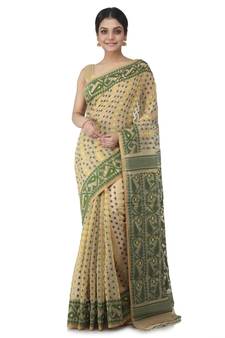 Beige Hand Woven Cotton Jamdani Sarees Without Blouse