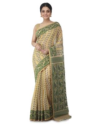 Beige Hand Woven Cotton Jamdani Sarees Without Blouse 1