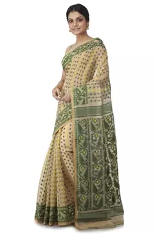 Beige Hand Woven Cotton Jamdani Sarees Without Blouse