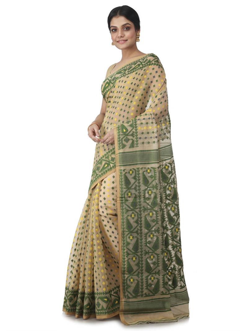 Beige Hand Woven Cotton Jamdani Sarees Without Blouse