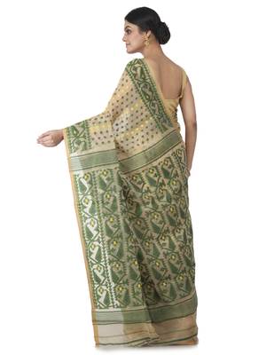 Beige Hand Woven Cotton Jamdani Sarees Without Blouse 3