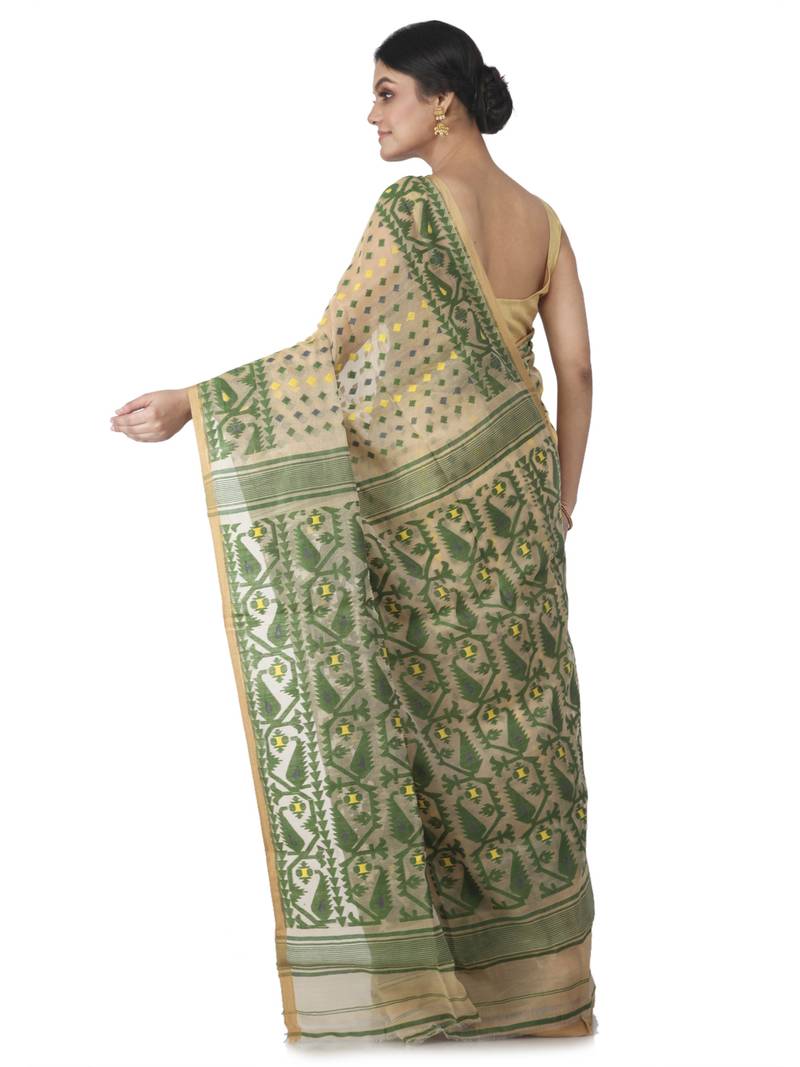 Beige Hand Woven Cotton Jamdani Sarees Without Blouse