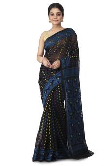 black hand woven cotton jamdani sarees