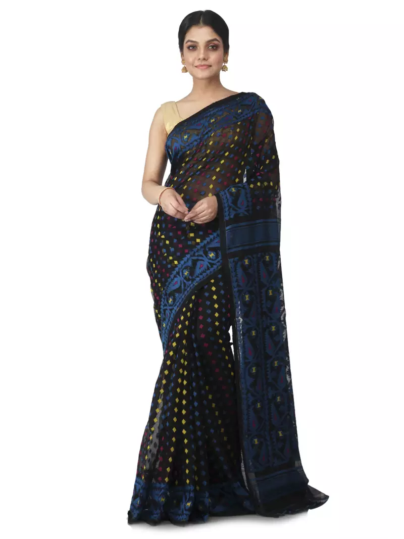 black hand woven cotton jamdani sarees