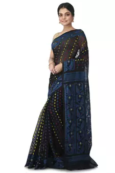 Black Hand Woven Cotton Jamdani Sarees Without Blouse