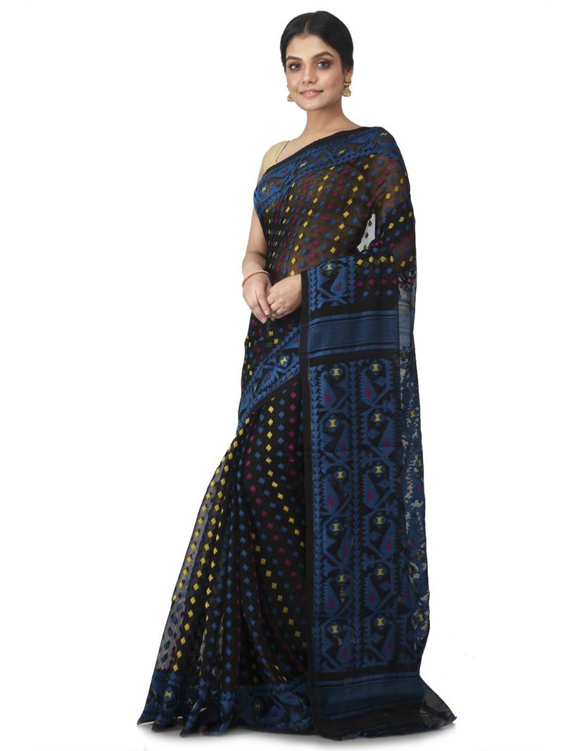 Black Hand Woven Cotton Jamdani Sarees Without Blouse