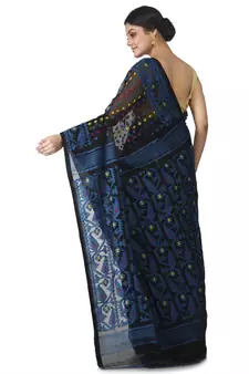 Black Hand Woven Cotton Jamdani Sarees Without Blouse
