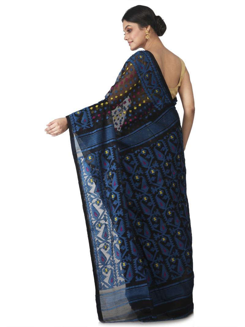 Black Hand Woven Cotton Jamdani Sarees Without Blouse