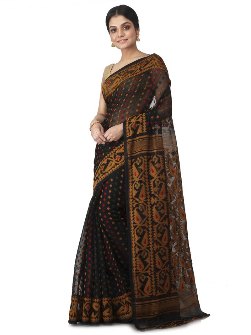 black hand woven cotton jamdani sarees