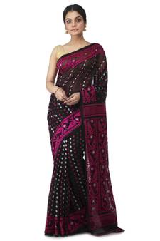 Black Hand Woven Cotton Jamdani Sarees Without Blouse