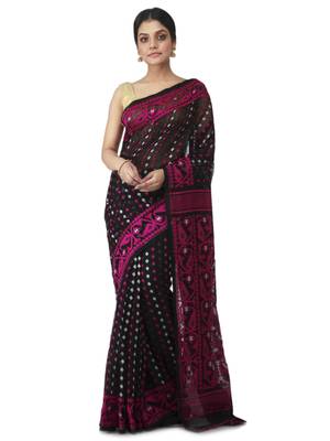 Black Hand Woven Cotton Jamdani Sarees Without Blouse 1
