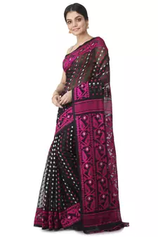 Black Hand Woven Cotton Jamdani Sarees Without Blouse
