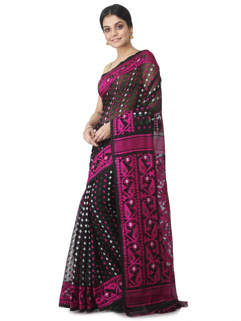 Black Hand Woven Cotton Jamdani Sarees Without Blouse