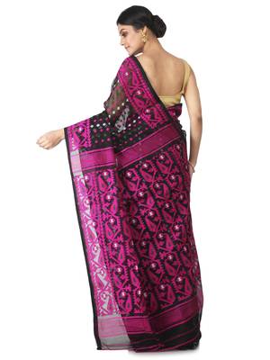 Black Hand Woven Cotton Jamdani Sarees Without Blouse 3