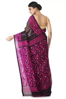 Black Hand Woven Cotton Jamdani Sarees Without Blouse