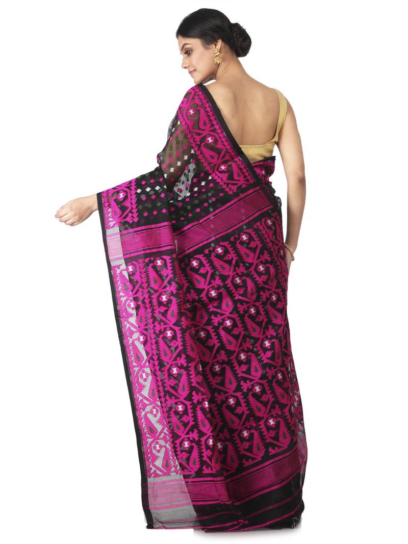 Black Hand Woven Cotton Jamdani Sarees Without Blouse