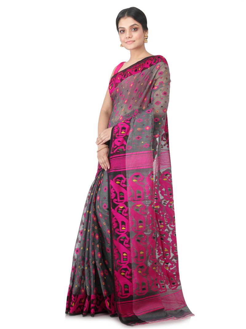 Grey Hand Woven Cotton Jamdani Sarees Without Blouse