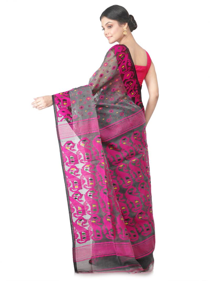 Grey Hand Woven Cotton Jamdani Sarees Without Blouse