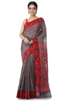 Grey Hand Woven Cotton Jamdani Sarees Without Blouse