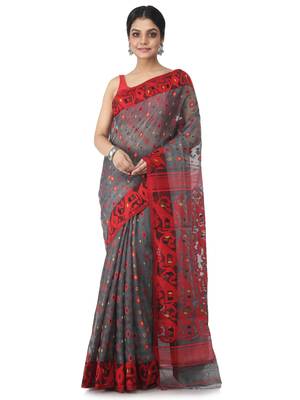Grey Hand Woven Cotton Jamdani Sarees Without Blouse 1