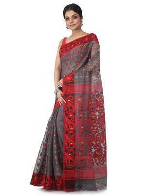 Grey Hand Woven Cotton Jamdani Sarees Without Blouse 2