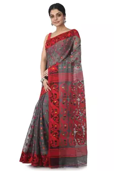 Grey Hand Woven Cotton Jamdani Sarees Without Blouse