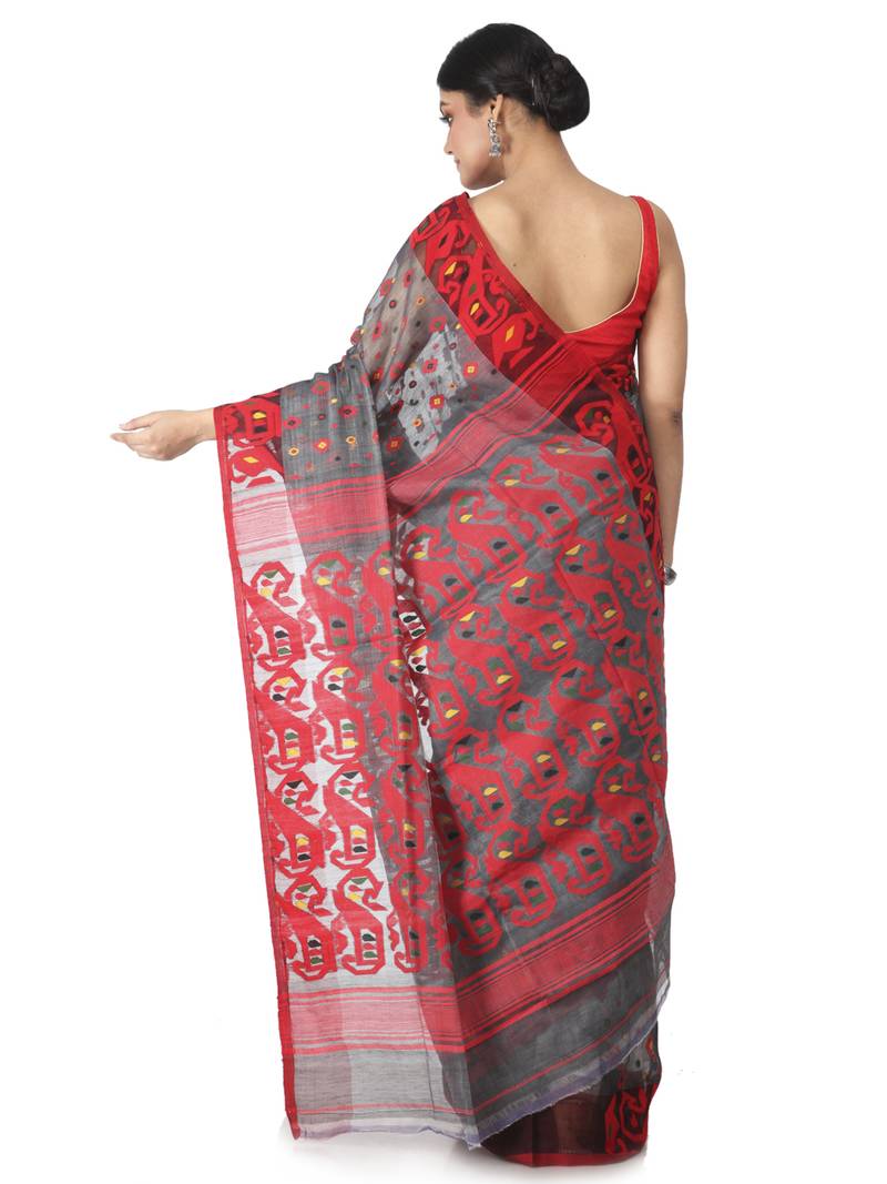 Grey Hand Woven Cotton Jamdani Sarees Without Blouse