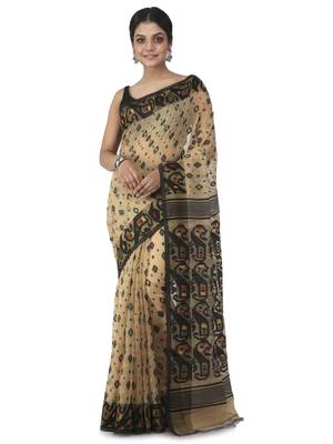beige hand woven cotton jamdani sarees 1