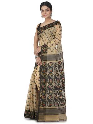 beige hand woven cotton jamdani sarees 2
