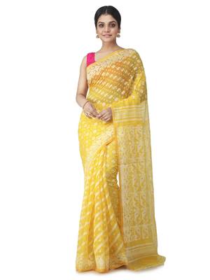 yellow hand woven cotton jamdani sarees 1