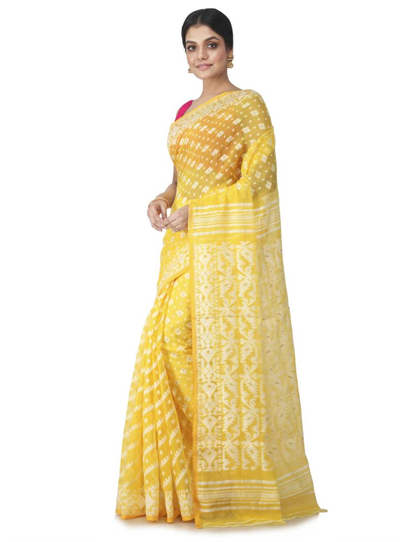 yellow hand woven cotton jamdani sarees