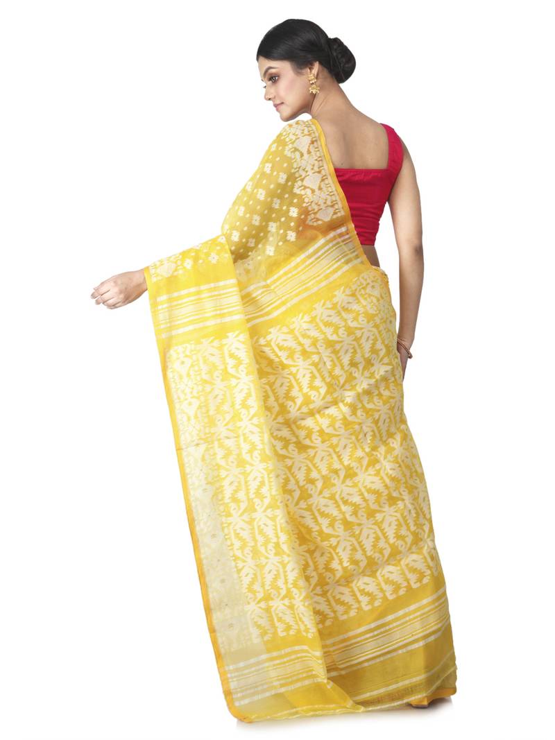 yellow hand woven cotton jamdani sarees