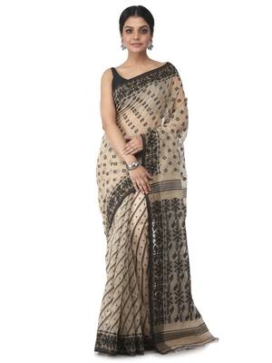 beige hand woven cotton jamdani sarees 1