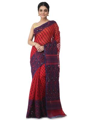 Red Hand Woven Cotton Jamdani Sarees Without Blouse 1