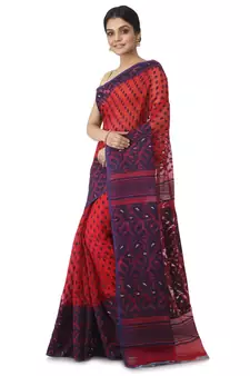 Red Hand Woven Cotton Jamdani Sarees Without Blouse