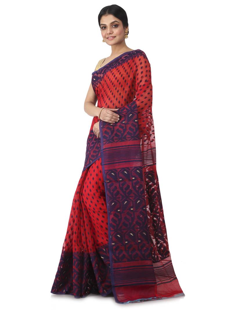 Red Hand Woven Cotton Jamdani Sarees Without Blouse