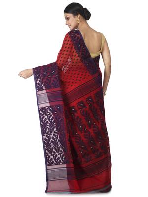 Red Hand Woven Cotton Jamdani Sarees Without Blouse 3