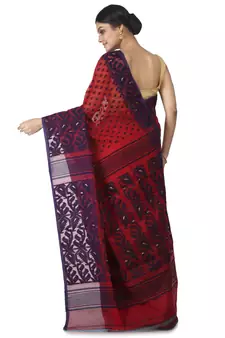 Red Hand Woven Cotton Jamdani Sarees Without Blouse